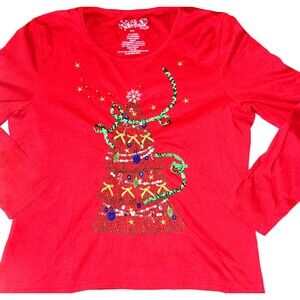 Nouveaux Ugly Christmas Shirt Women's Size PXL Red Beaded Tree Petite XL
